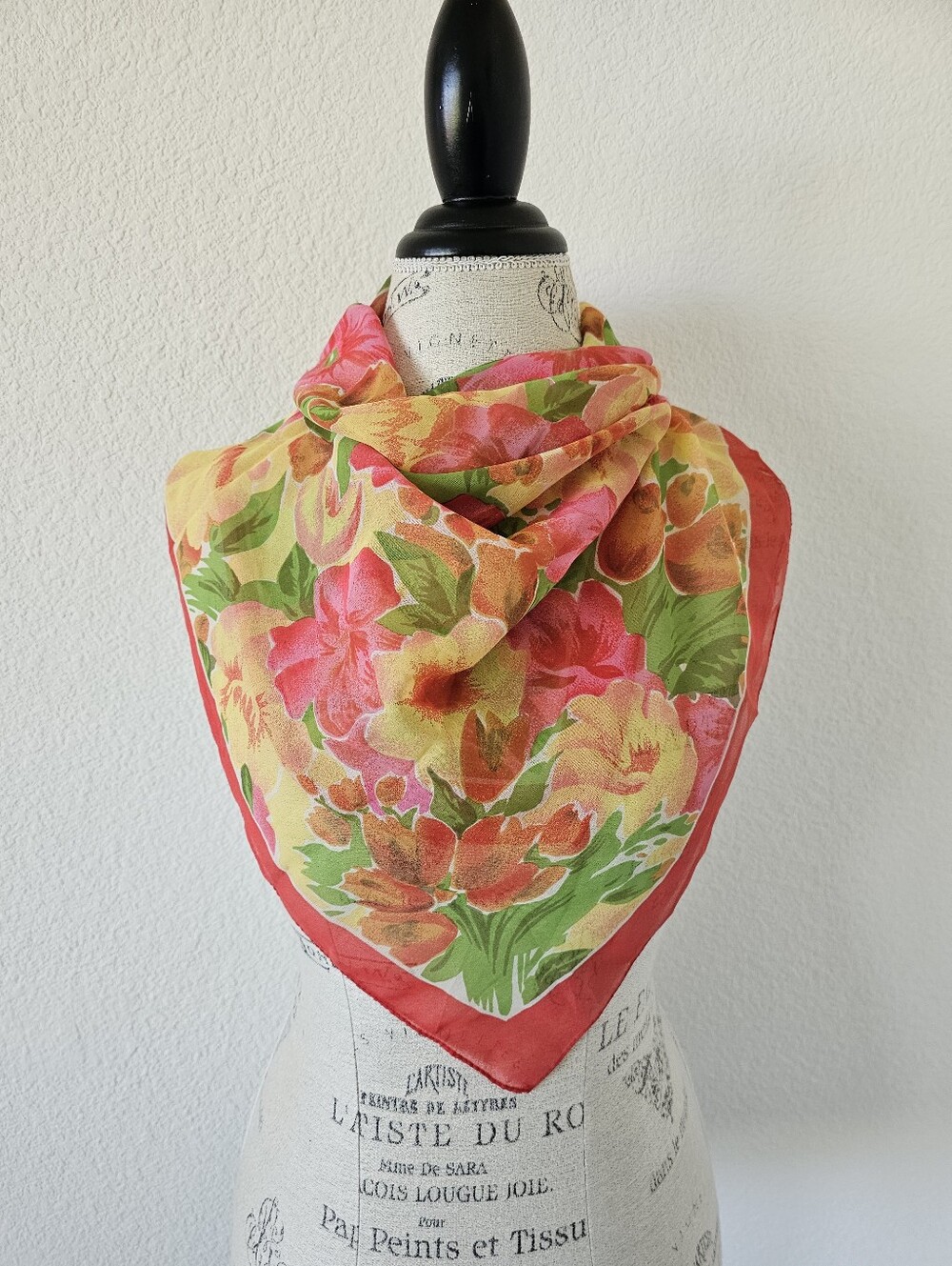 Vintage Sheer Floral Square Scarf Bright Pink Yellow Orange Botanical 30x30​